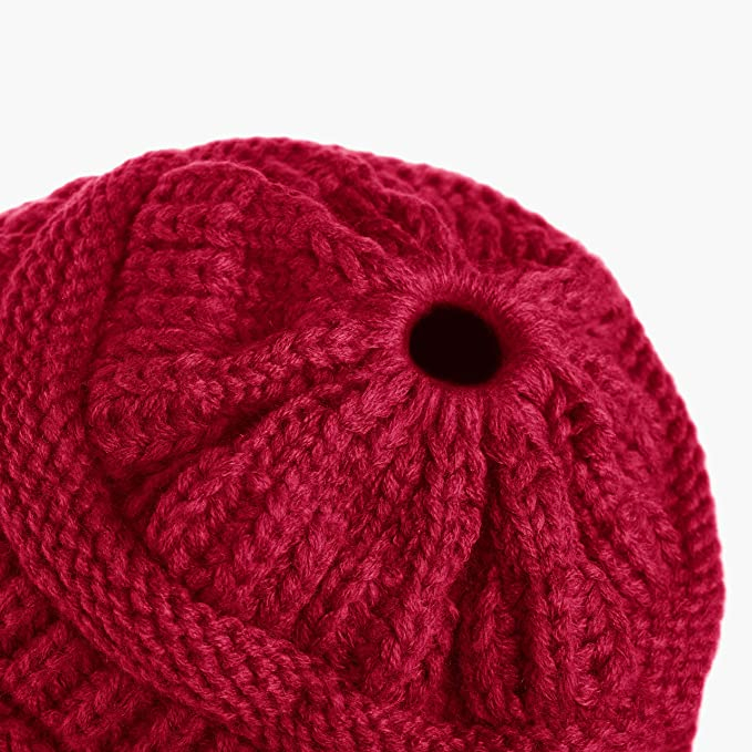 Damen Strickmütze mit Zopfloch Winter Mütze für Pferdeschwanz   Zöpfe (One Size) - Weinrot