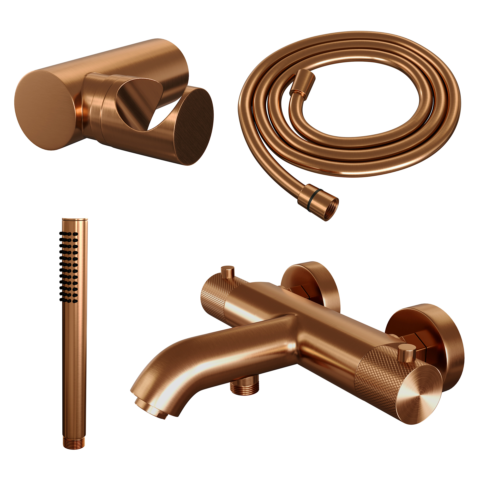 Brauer Copper Carving thermostatische badkraan met wandhouder en staafhanddouche geborsteld koper PVD