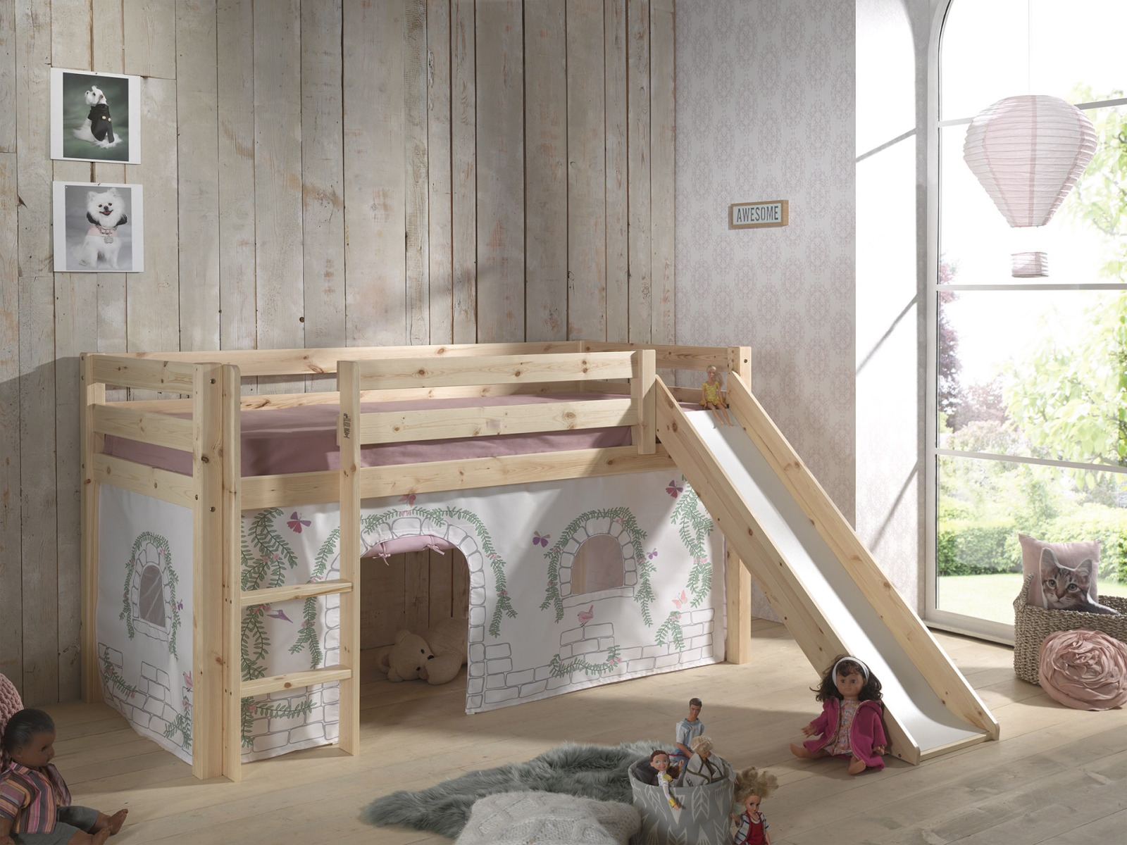 Spielbett PINO mit Rutsche und Vorhang BIRDY - natur - Kiefer - 90x200 cm