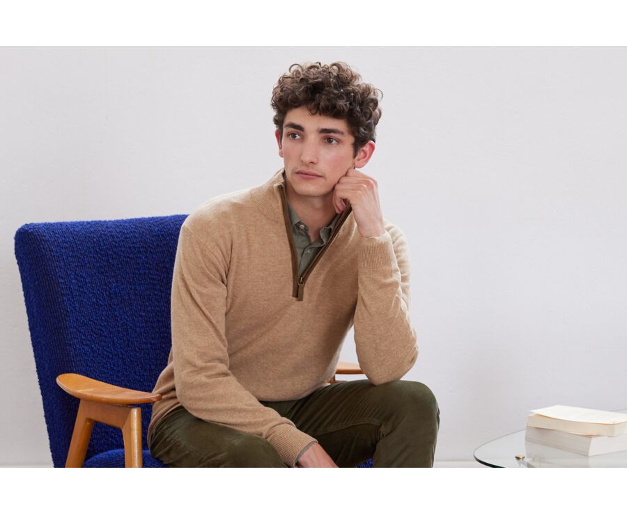 Pull col zippé homme laine Beige Foncé Chiné - KEITHY
