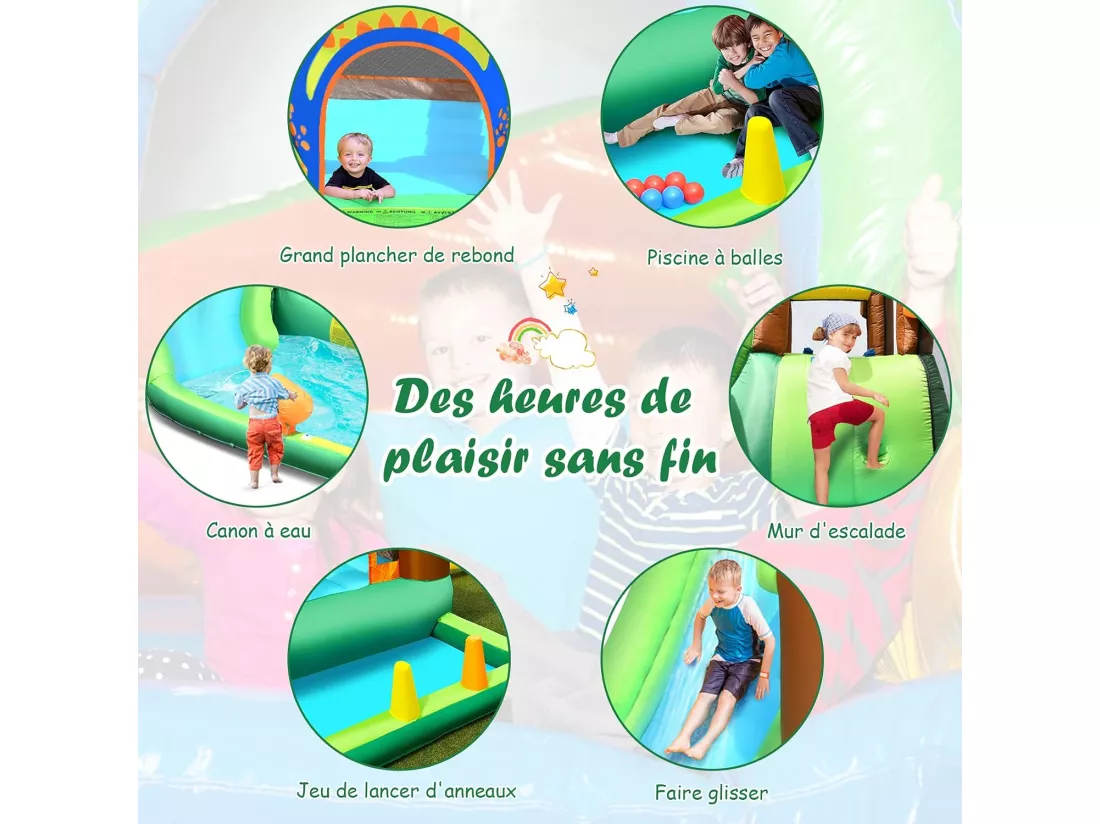 Aire de Jeux Gonflable Enfant avec Souffleur 610W Pataugeoire Mur d'Escalade Canon à Eau Trampoline Intégré Balles Colorées