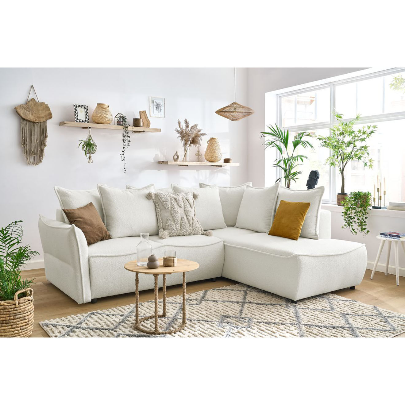 Bobochic Canapé d'angle L droit convertible bouclette Léon blanc - 257x90x194 cm