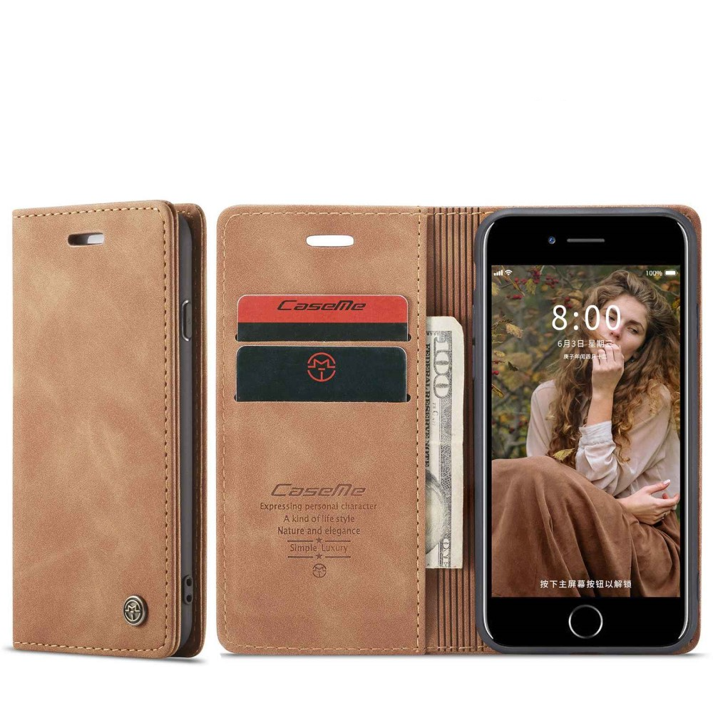 iPhone SE (2022/2020) / 8 / 7 / 6S Leder Tasche Flip Wallet Etui mit Kartenfächern - Hellbraun