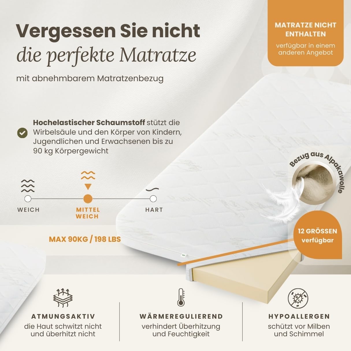 N01 Hochbett Holz 120x200 cm, Etagenbett mit Leiter, 2 Leitermontageseiten: Links oder rechts, sichere abgerundete Kanten, Stabile Massivholzkonstruktion, Weiß