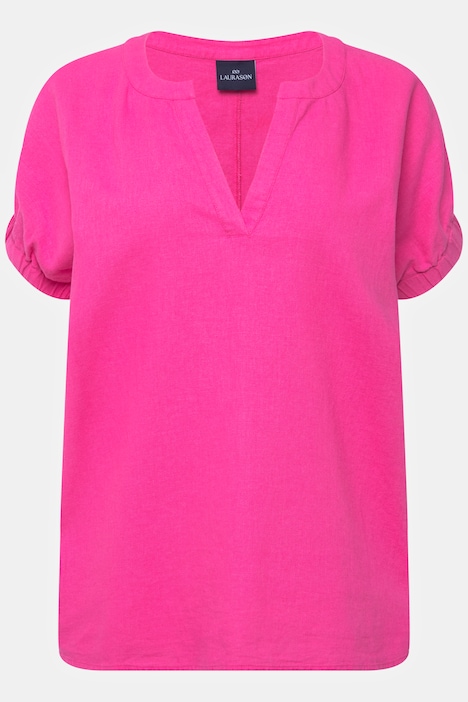 Leinenmix-Bluse, Tunika-Ausschnitt, elastischer Halbarm-Abschluss