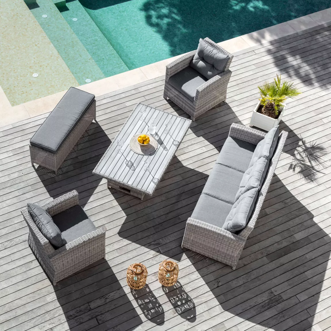 Table de jardin relevable en aluminium 7 places (145 x H51/72 cm) Tivoli Gris