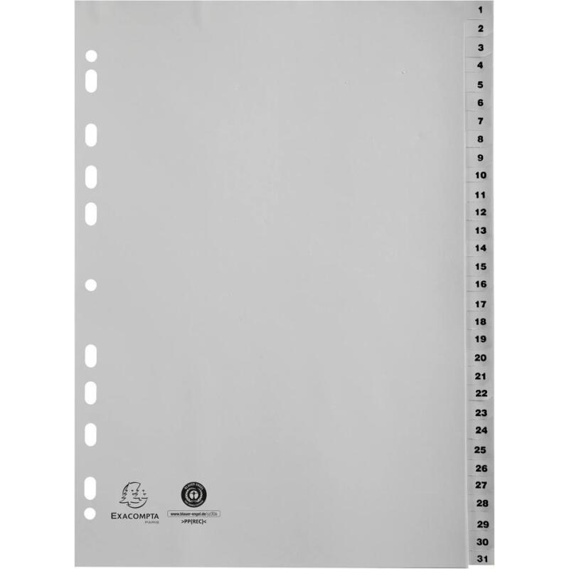 Intercalaires imprimés numériques PP recyclé gris - 31 positions - A4 - Gris