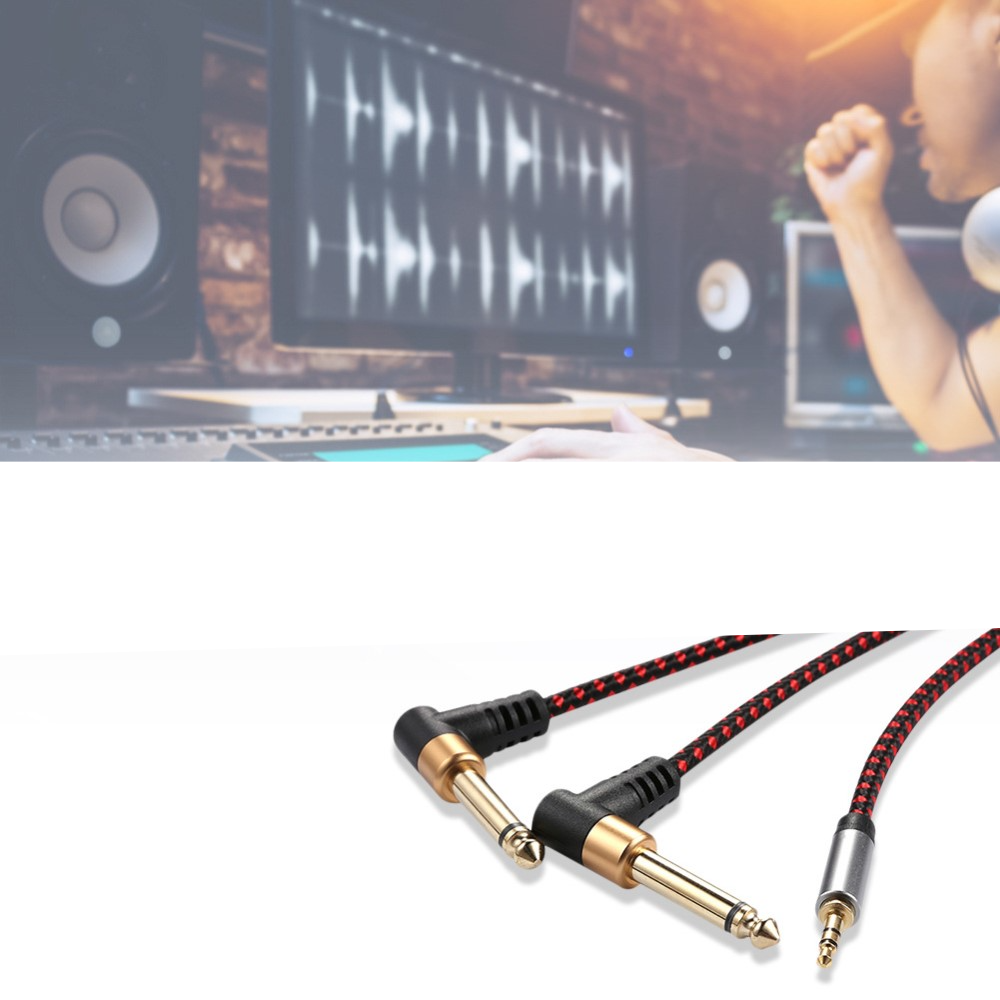 (5m) 3.5mm Stereo Audio AUX Klinke Stecker auf 6.35mm Nylon Y Kabel 90° Winkel mit vergoldeten Kontakten - Schwarz / Rot