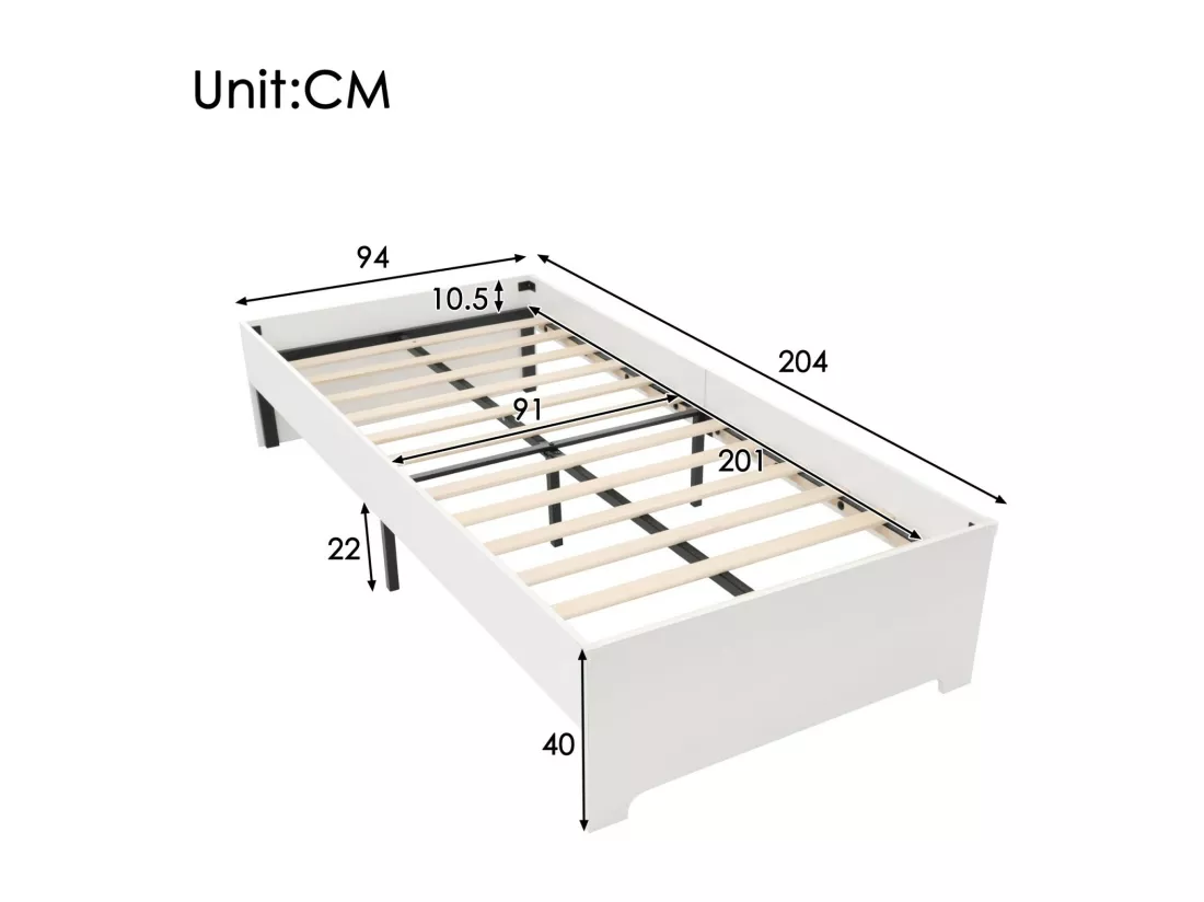 Cadre de lit 90×200cm, avec cadre à latte, conception non glissante, charge max 181kg, Blanc