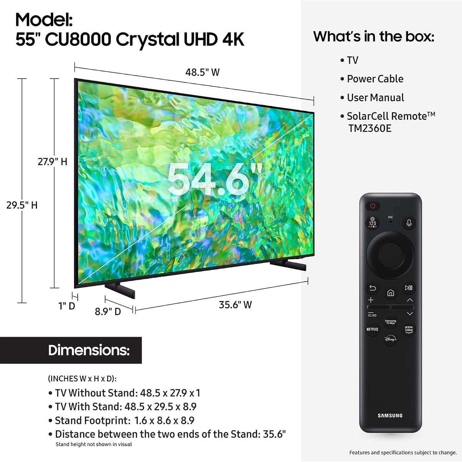 TV Samsung Crystal UHD 4K de 55 polegadas da série CU8000 com PurColor, Object Tracking Sound Lite, Q-Symphony, Motion Xcelerator, design ultrafino, controle remoto solar e Smart TV com Alexa integrada (UN55CU8000, modelo 2023)