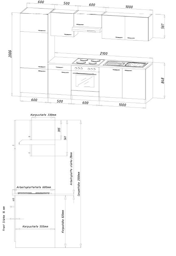 Respekta Küchenzeile KB270BGE 270 cm Grau-Buche Nachbildung