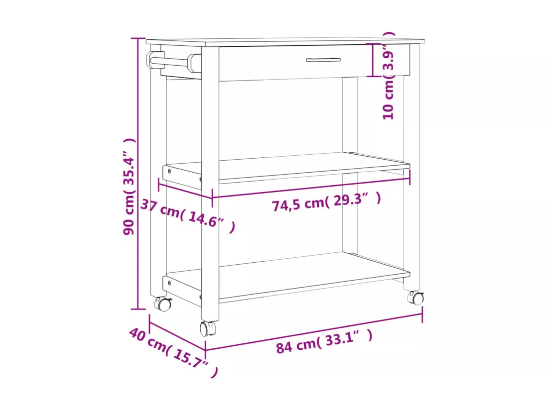 Chariot de cuisine MONZA 84x40x90 cm bois massif de pin