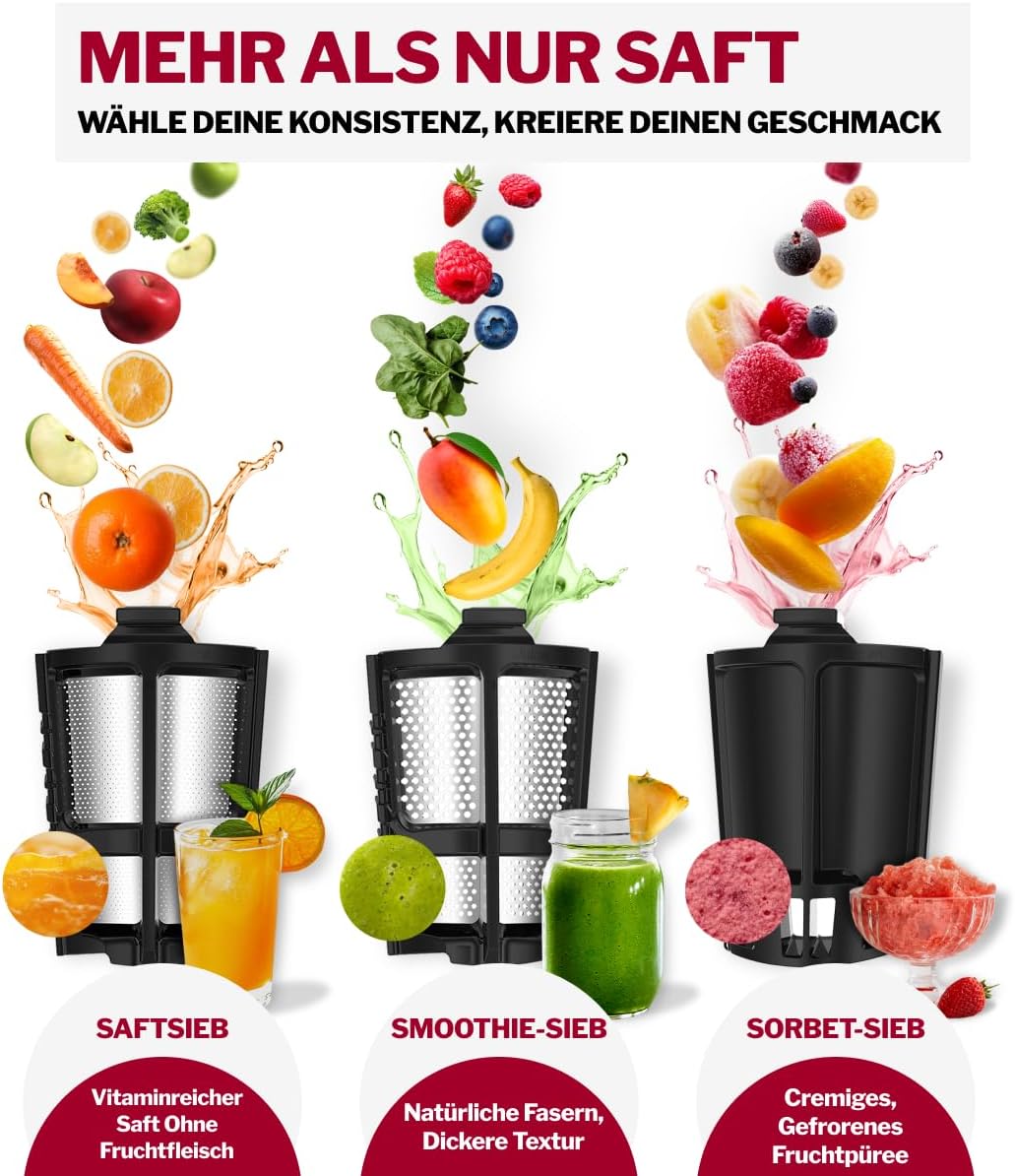 TURMIX Entsafter Slow Juicer CX 680 mit 150W Motor, 3 Siebeinsätze, BPA-frei & leise – Kaltentsafter für ganze Früchte & Gemüse | Saftpresse elektrisch