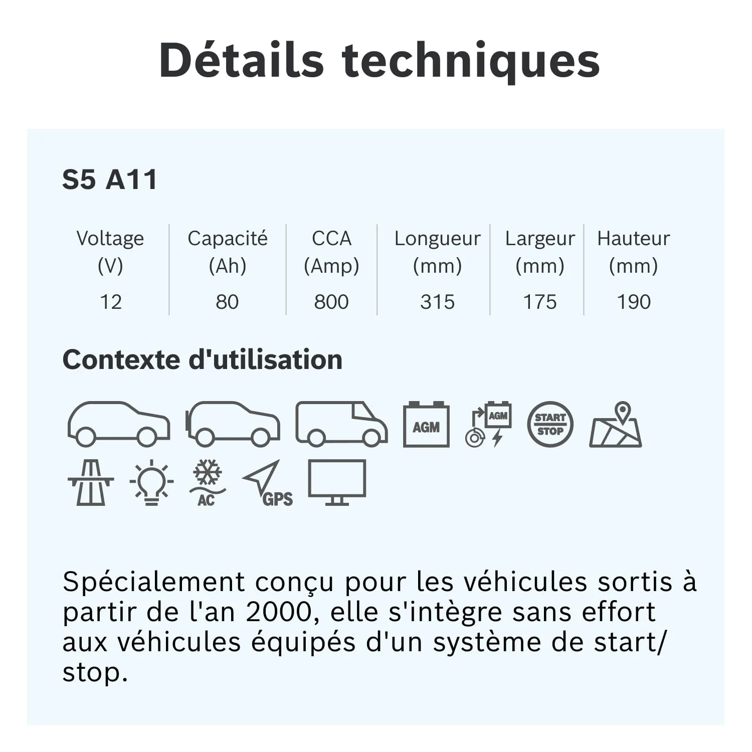 Bosch S5 A11 Batterie Auto 80 A/h - 800 A - Batterie 12 V, AGM Plomb-acide pour Véhicules avec Système Start/Stop, (-) (+), 315 x 175 x 190 mm - Pour Véhicules avec Récupération d'Énergie au Freinage