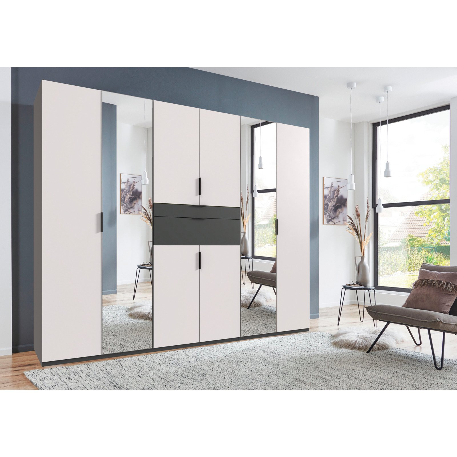 Drehtürenschrank Eliana, Dekor Graphit und weiss, 270 x 208 x 58 cm, mit Spiegel