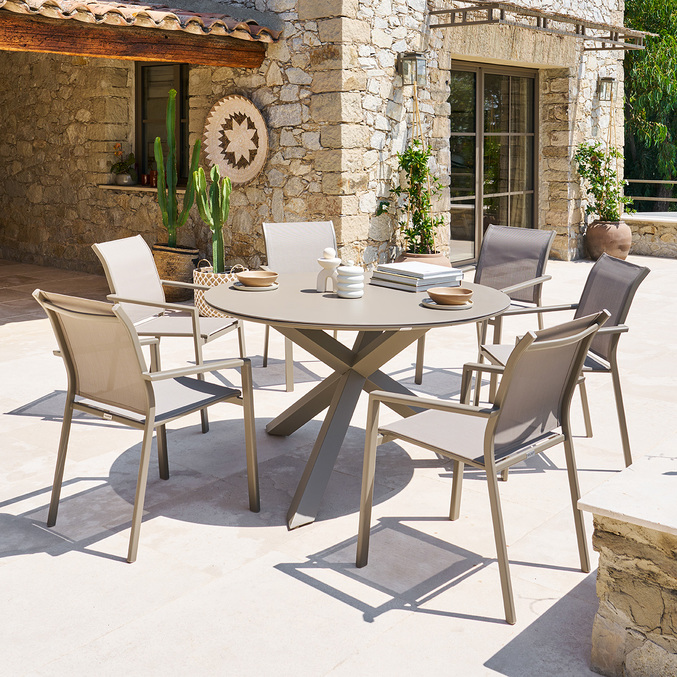 Ensemble table de jardin ORYON + 6 fauteuils ESSENTIA Café