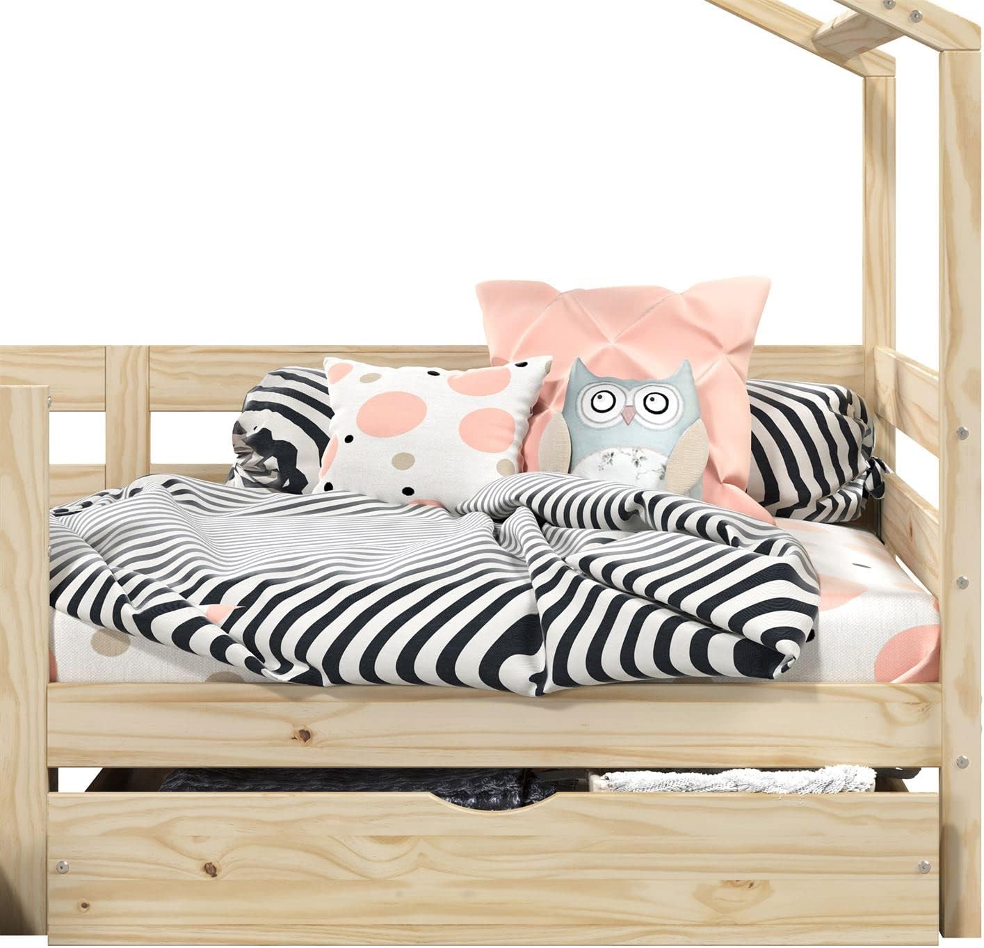 IDIMEX Hausbett ENA aus massiver Kiefer, schönes Montessoribett in 90 x 200 cm, Kinderbett mit Rausfallschutz, stabiles Spielbet mit Dach und 2 Schubladen in Natur