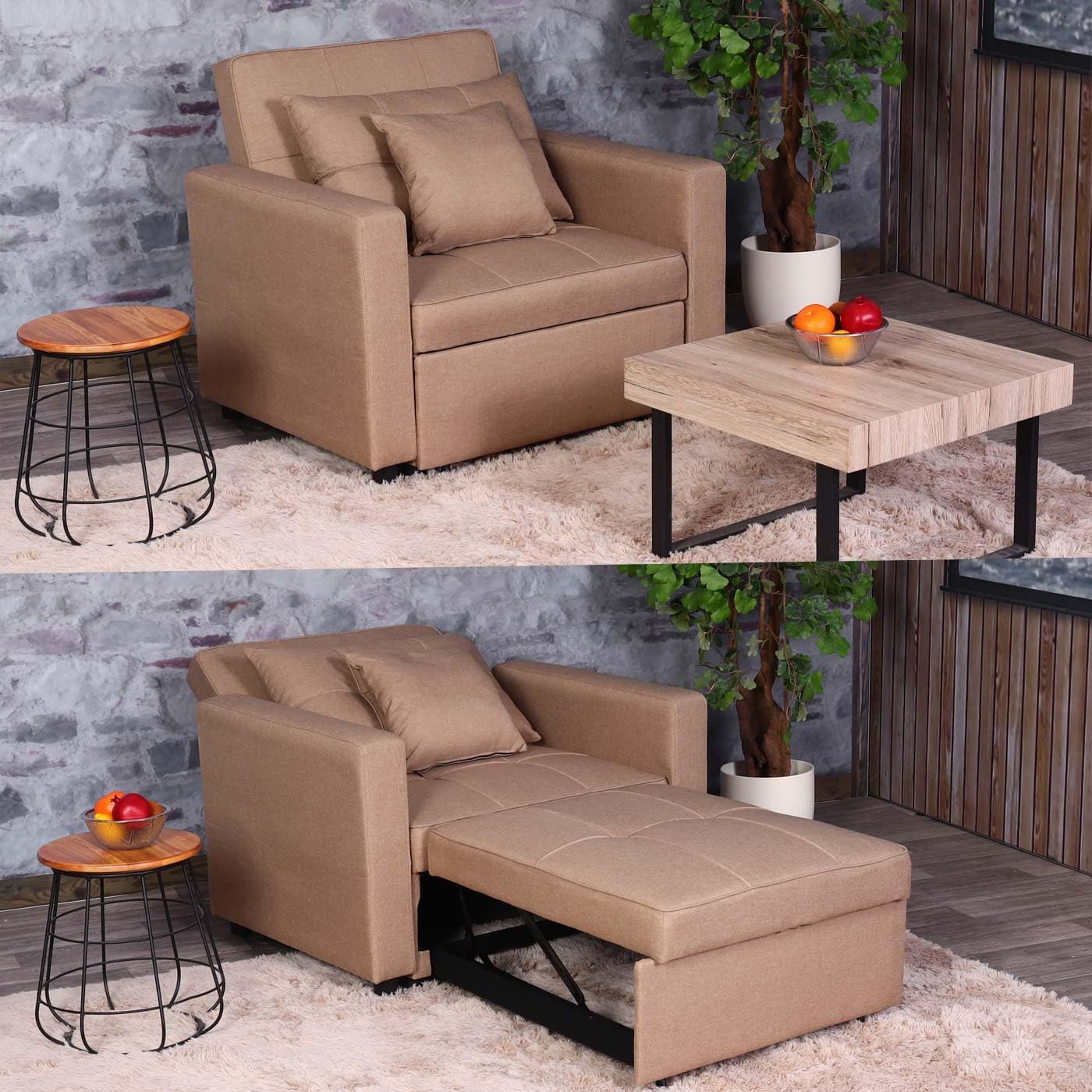 Mendler Schlafsessel HWC-L90, Klappsessel Schlafsofa Gästebett Relaxsessel, Liegefläche 197x103cm Stoff/Textil - Taupe