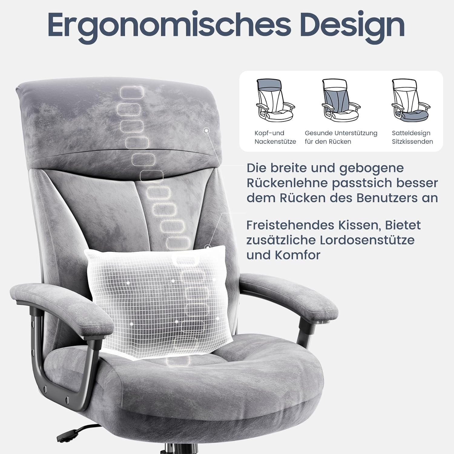 Bürostuhl Ergonomisch 200KG, Schreibtischstuhl Computerstuhl Office Chair, Hoher Rücken Ergonomischer Stuhl, Höhenverstellbarer, 360 ° drehbar, Grau Cord Stoff, (Aktualisierte)