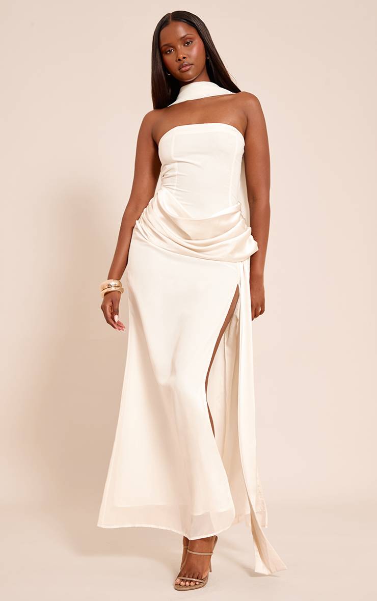 Crème Robe Longue Bandeau À Détail Drapé