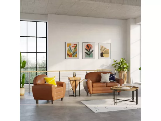 Fauteuil camel en croute de cuir enduite - Club