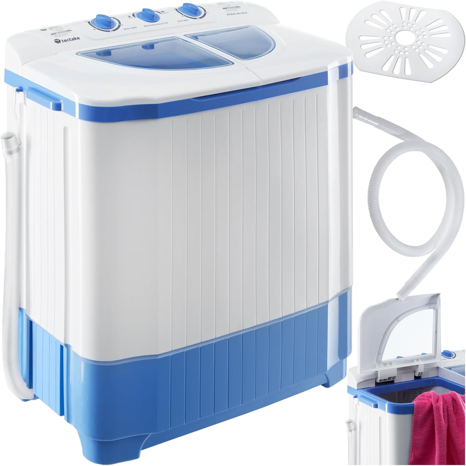 tectake® portable, mobile 4,5 kg Mini Waschmaschine + 3,5 kg Wäscheschleuder Kombination, Toplader für Camping und Reise, Toploader Reisewaschmaschine