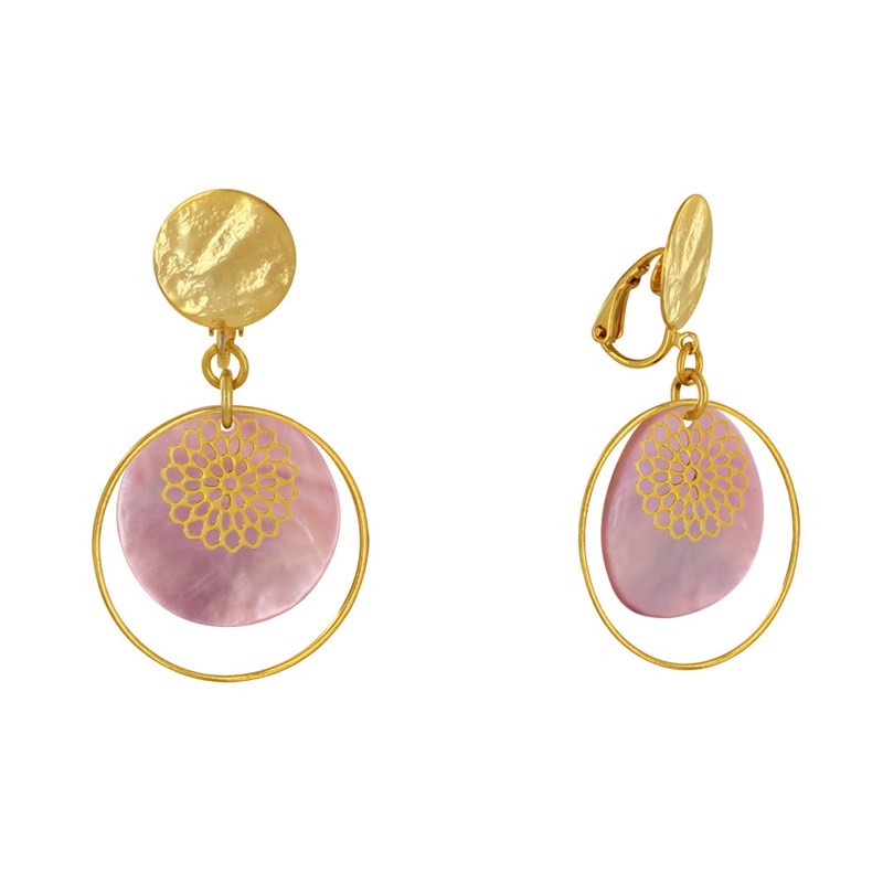 Boucles d'Oreilles Clip Métal Doré Cercle et Pastille de Nacre
