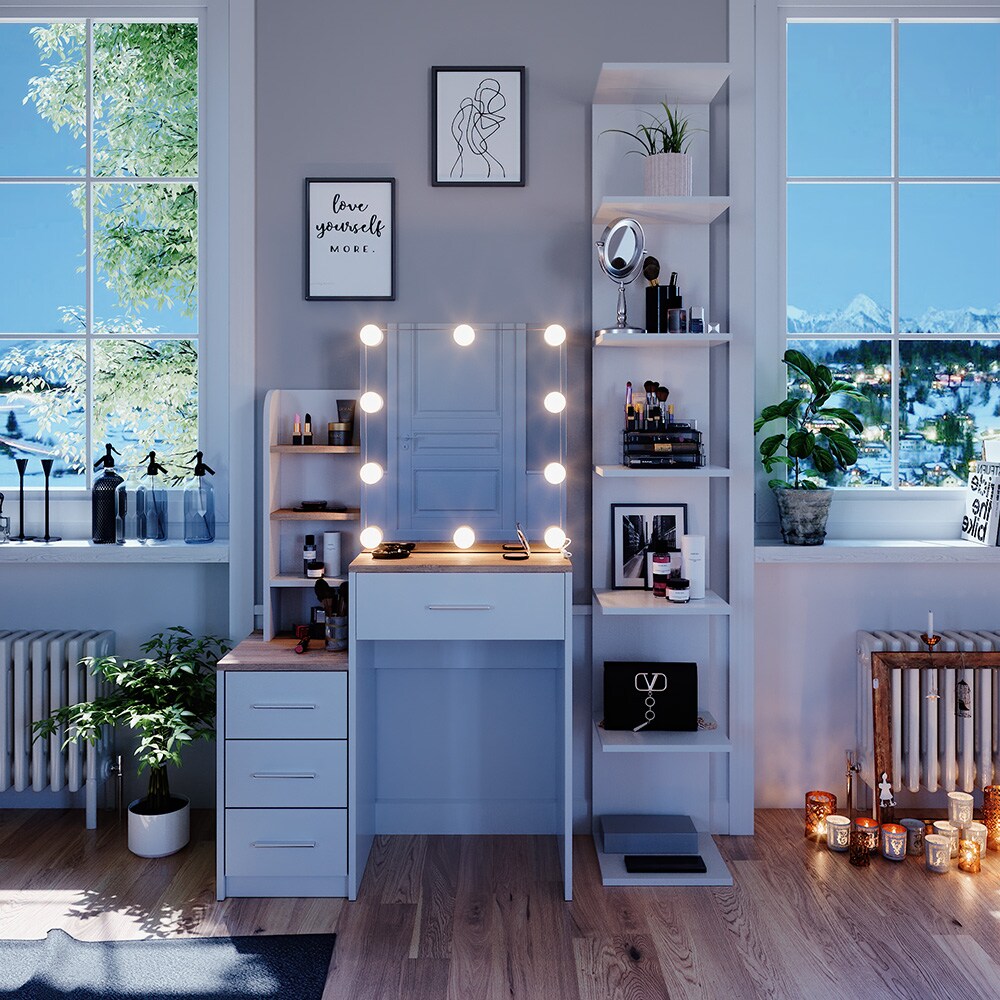 Vicco Schminktisch Frisiertisch Kosmetiktisch Conrada Weiß Sonoma Schminkspiegel 80x132 modern LED Beleuchtung Schlafzimmerkommode Schminkkommode Schublade Spiegelschrank Frisierkommode Make-Up-Tisch