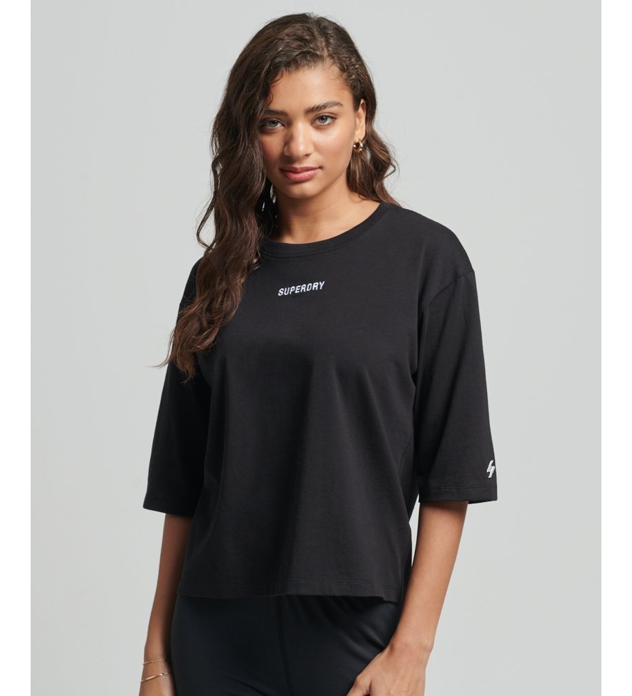 Camiseta preta de corte quadrado da Superdry com micro logotipo bordado.