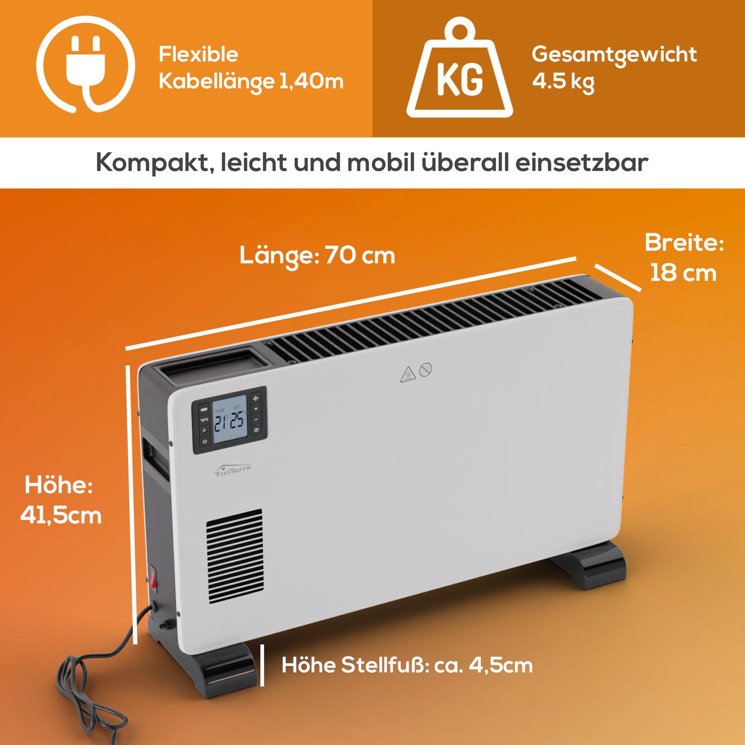 TroniTechnik® TT-KH-102 Heizgerät Konvektor Radiator Heizung stufenlose Thermosteuerung (1000W / 1.300W / 2.300W)