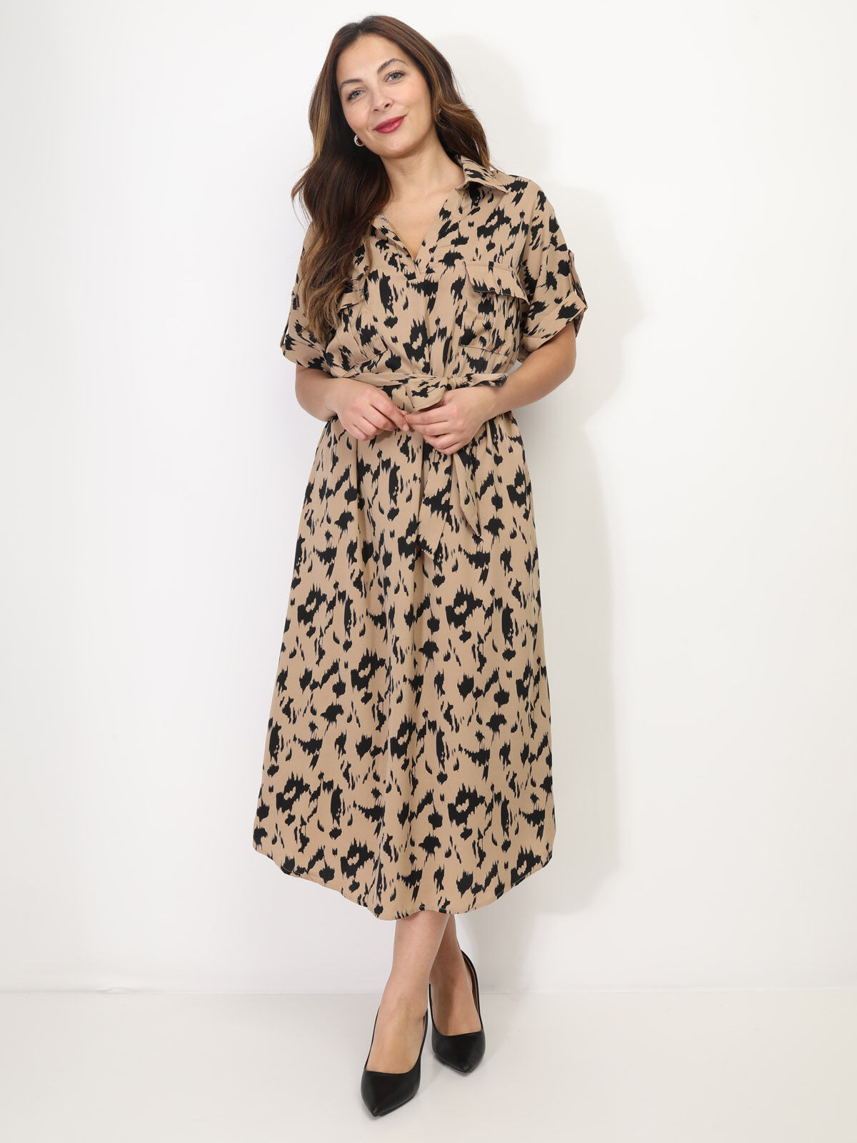 Robe saharienne mi-longue à motif abstrait- Camel