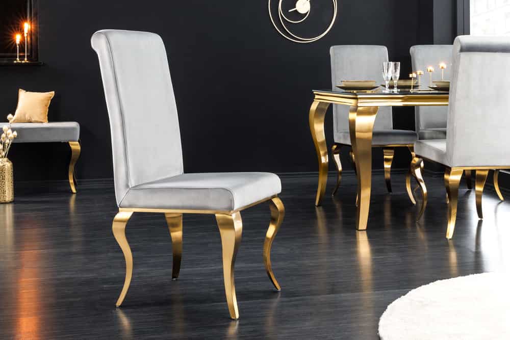 Design Stuhl MODERN BAROCK grau Samt goldene Stuhlbeine