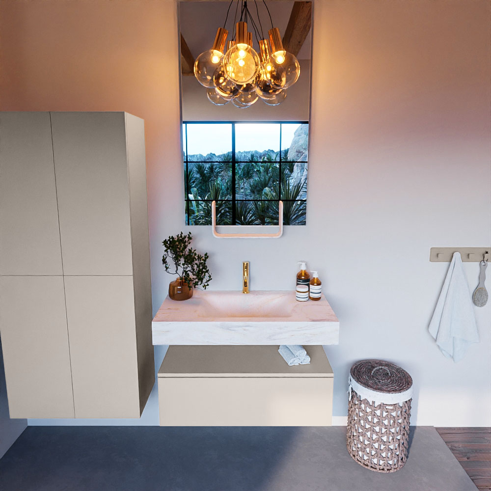 Mondiaz Alan DLux badmeubel 90cm linen 1 lade met wastafel ostra midden 1 kraangat