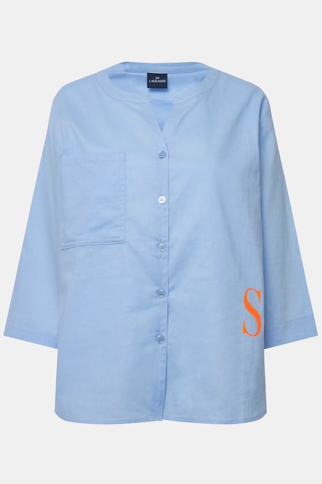 Leinenmix-Bluse, Rundhalsausschnitt, Brusttasche, Schriftzug, 3/4-Ärmel