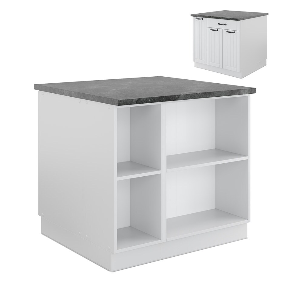 Vicco Kücheninsel Küchenblock Einbauküche Fame-Line Landhaus Weiß 90 cm Küchen Schränke Apothekerunterschrank Schubunterschrank Regalinselunterschrank Softclose-Scharnier Küchenmöbel