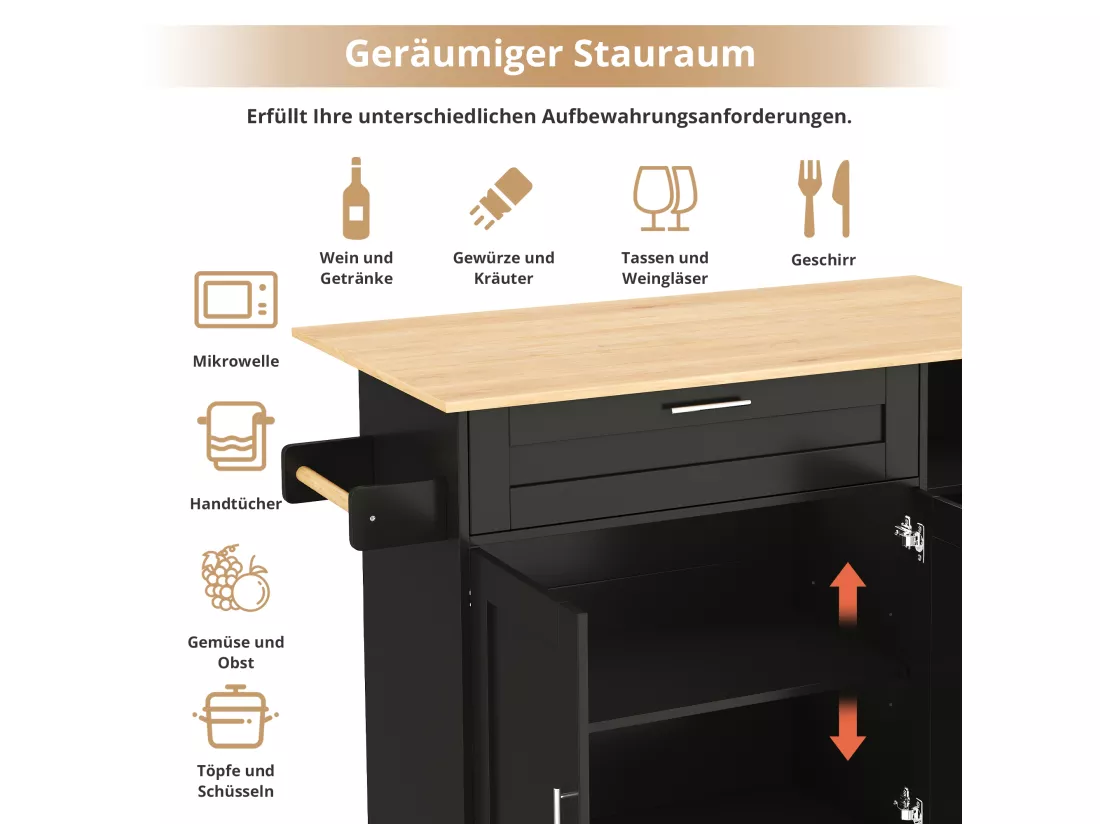Ilot central de cuisine mobile avec 3 portes et 1 tiroir - Plateau extensible - 132.5x44(70)x90 cm - Bois MDF - Noir et naturel