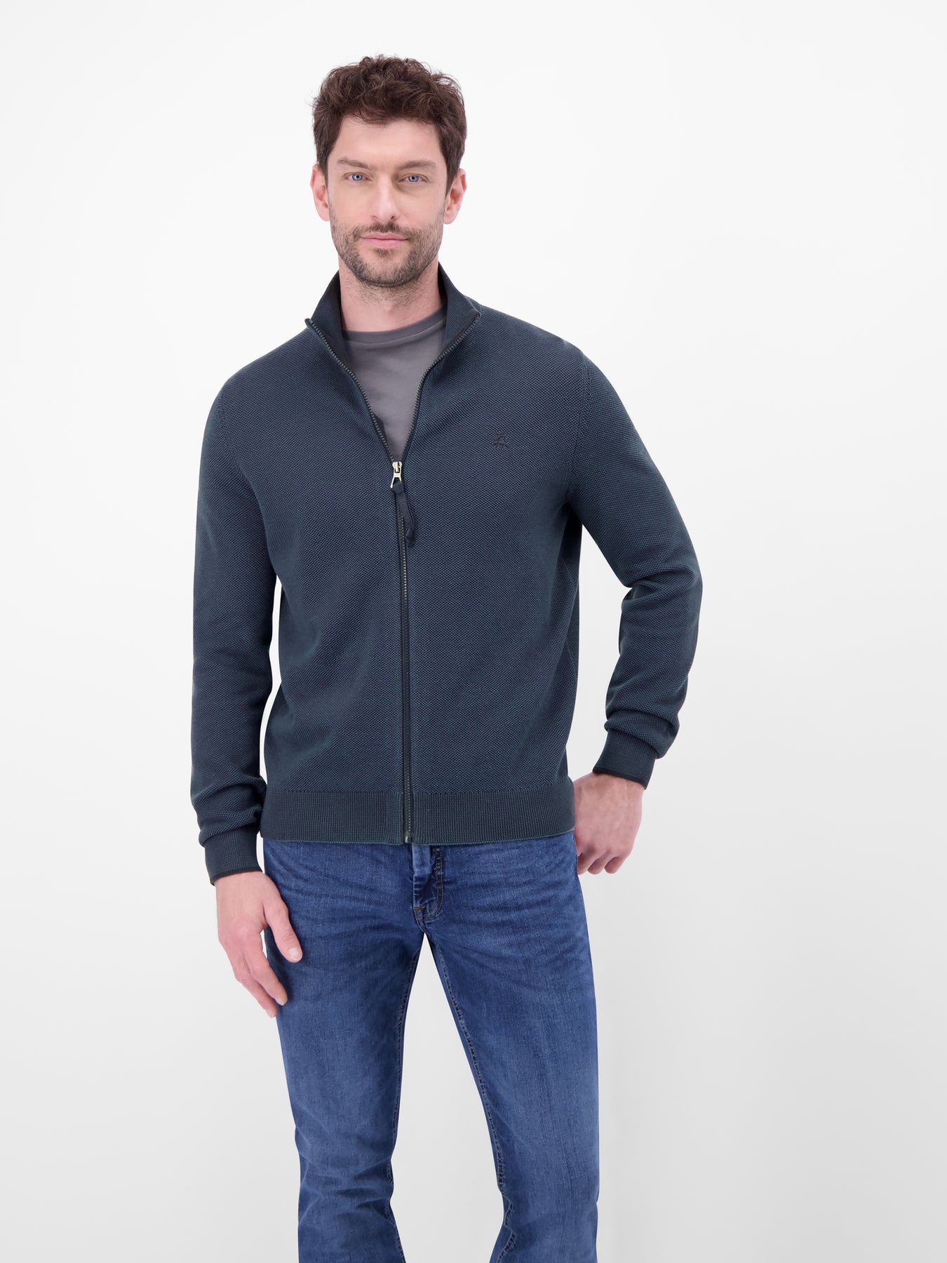 Strickjacke mit Stehkragen in 2-Tone-Optik