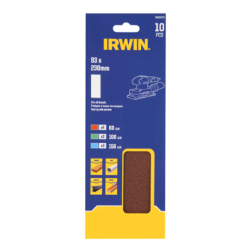 Irwin schuurvel 230 x 93 mm K60/K100/K150 klembevestiging, ongeperforeerd voor Bosch, Skil, Gamma, Makita, Metabo, 10 stuks.