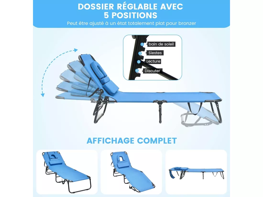 Chaise Longue Pliante Réglable à 5 Positions avec Trou pour Visage, Bain de Soleil en Tissu et velours Oxford 3 Coussins Amovibles Charge 160KG, pour Piscine Plage Cour CamBoisg (Bleu)