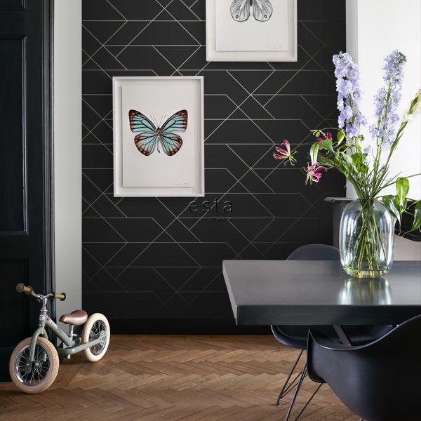 Estahome Grafische Lijnen II - 0,53 x 10,05 m - Donkerblauw / Goud