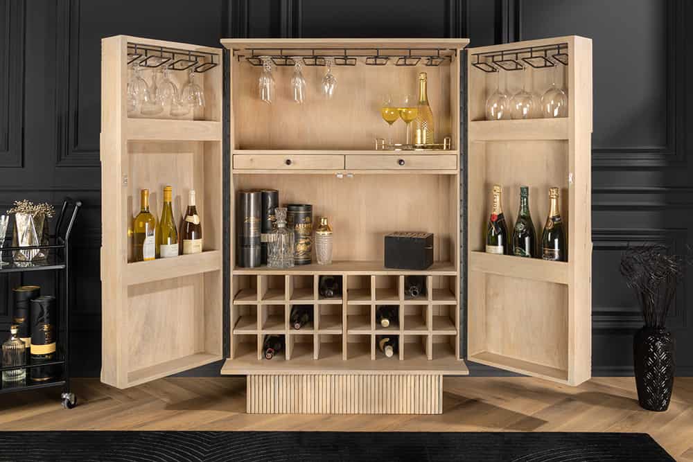 Design Barschrank ART DECO 140cm weiß gekälkt Mangoholz 3D-Front