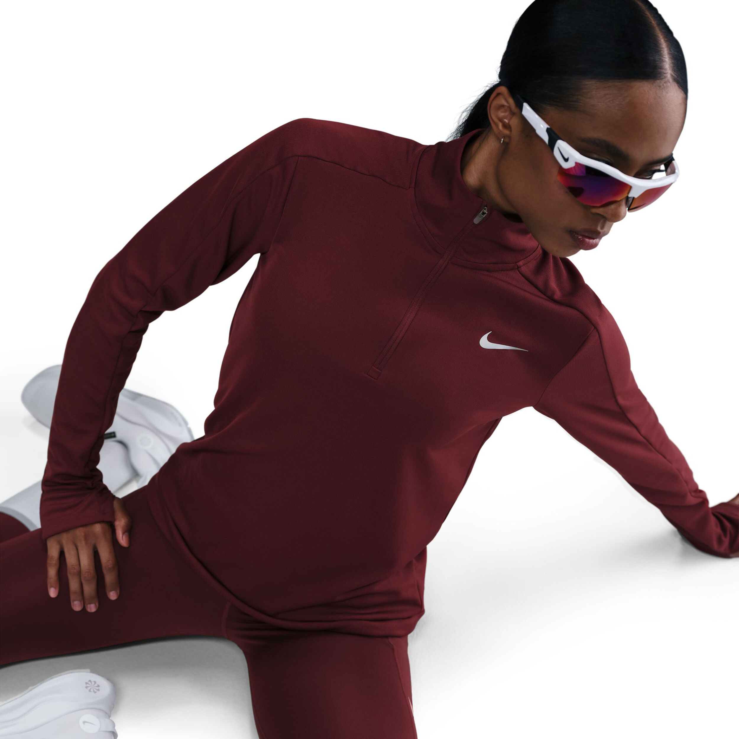 Nike Dri-Fit Pacer Half Zip Haut Manches Longues Femmes - Rouge Foncé , Argent