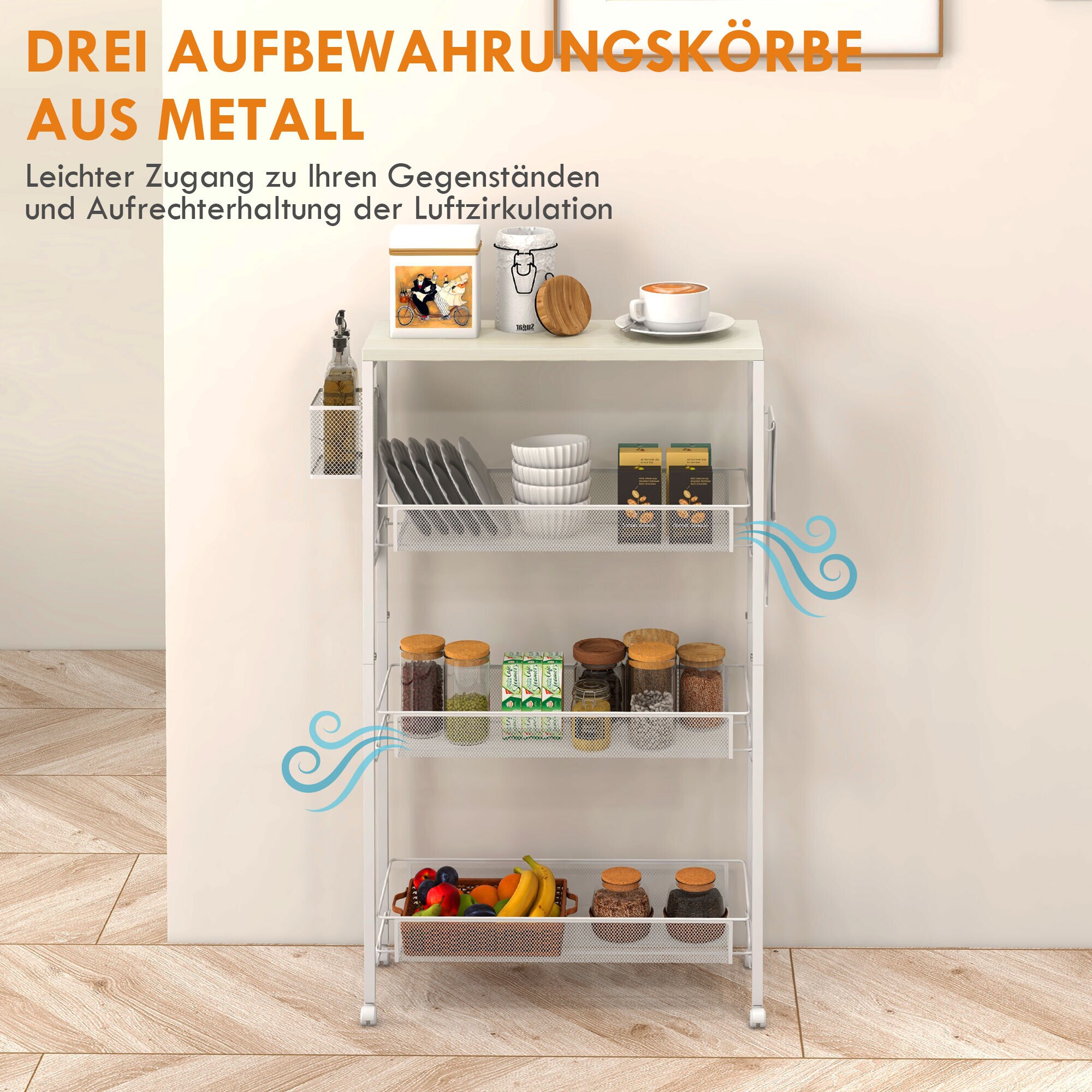 HOMCOM Küchenwagen mit Haken und 4 Ebenen weiß 58L x 18,5B x 87H cm