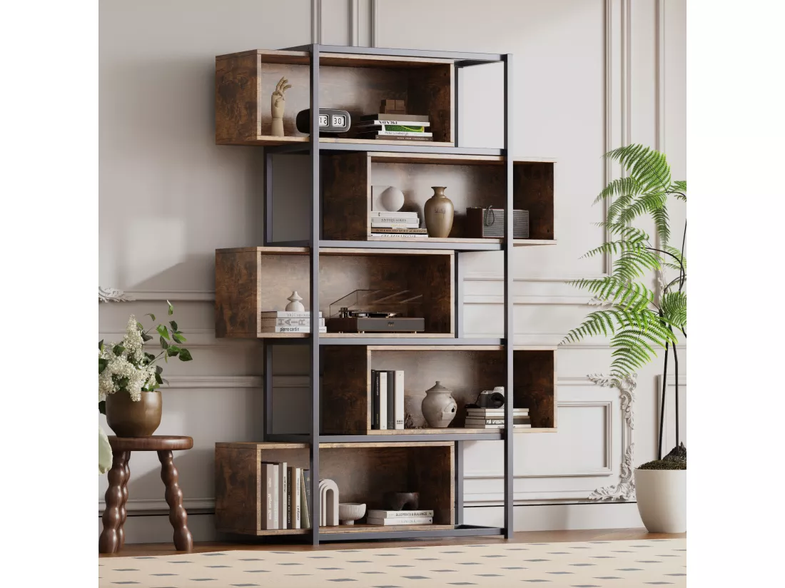 Bibliothèque à 5 niveaux avec étagères - 121 x 35 x 176 cm - Marron