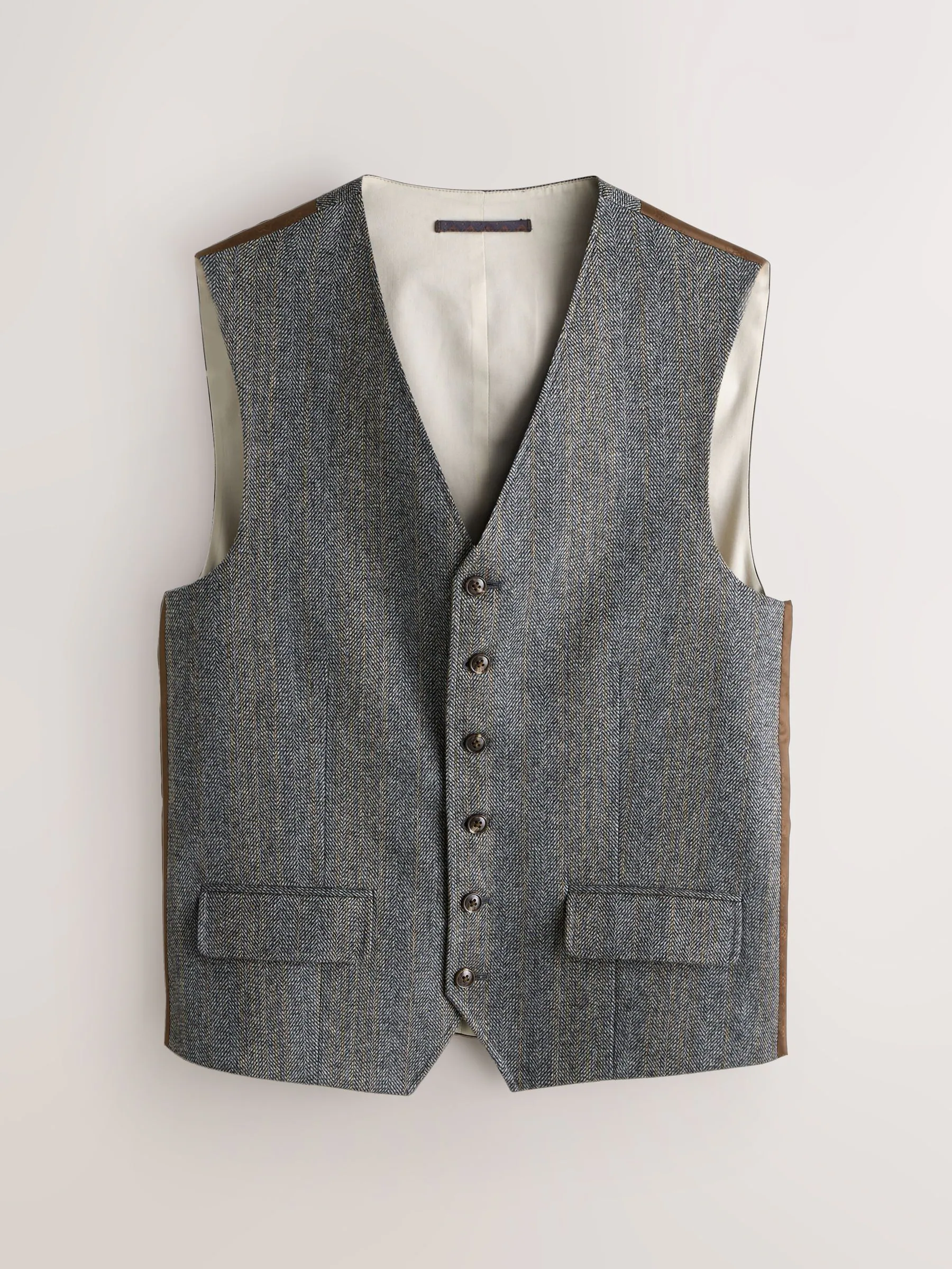 Grijs - Slim Fit Wool Blend Herringbone Stripe Suit Waistcoat