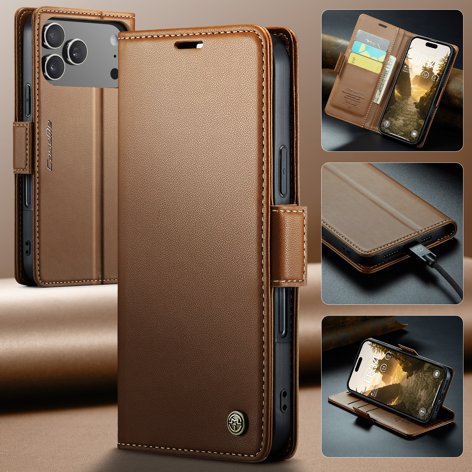 iPhone 17 Pro Leder Tasche Flip Wallet Etui mit Kartenfächern Litchi Look (RFID Schutz) - Braun
