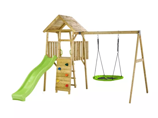 KANGUI Aire de jeux portique en bois WOODI - Double balançoire et nid Ø100cm, toboggan, mur d'escalade, cabane, échelle