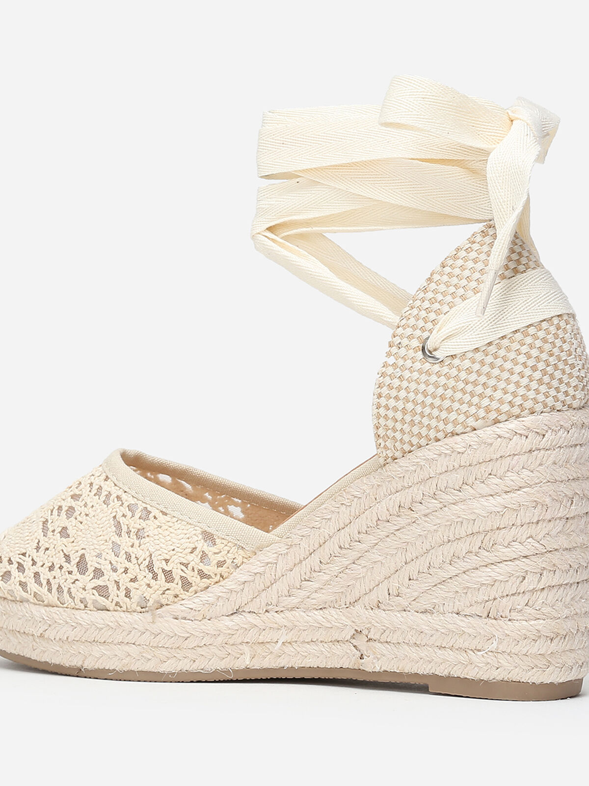 Espadrilles compensées dentelées à nouer- Beige