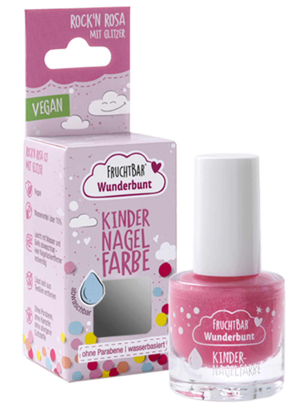 FRUCHTBAR Wunderbunt Kinder Nagelfarbe<br>7 ml, Glasflasche, rock'n rosa mit Glitzer vegan