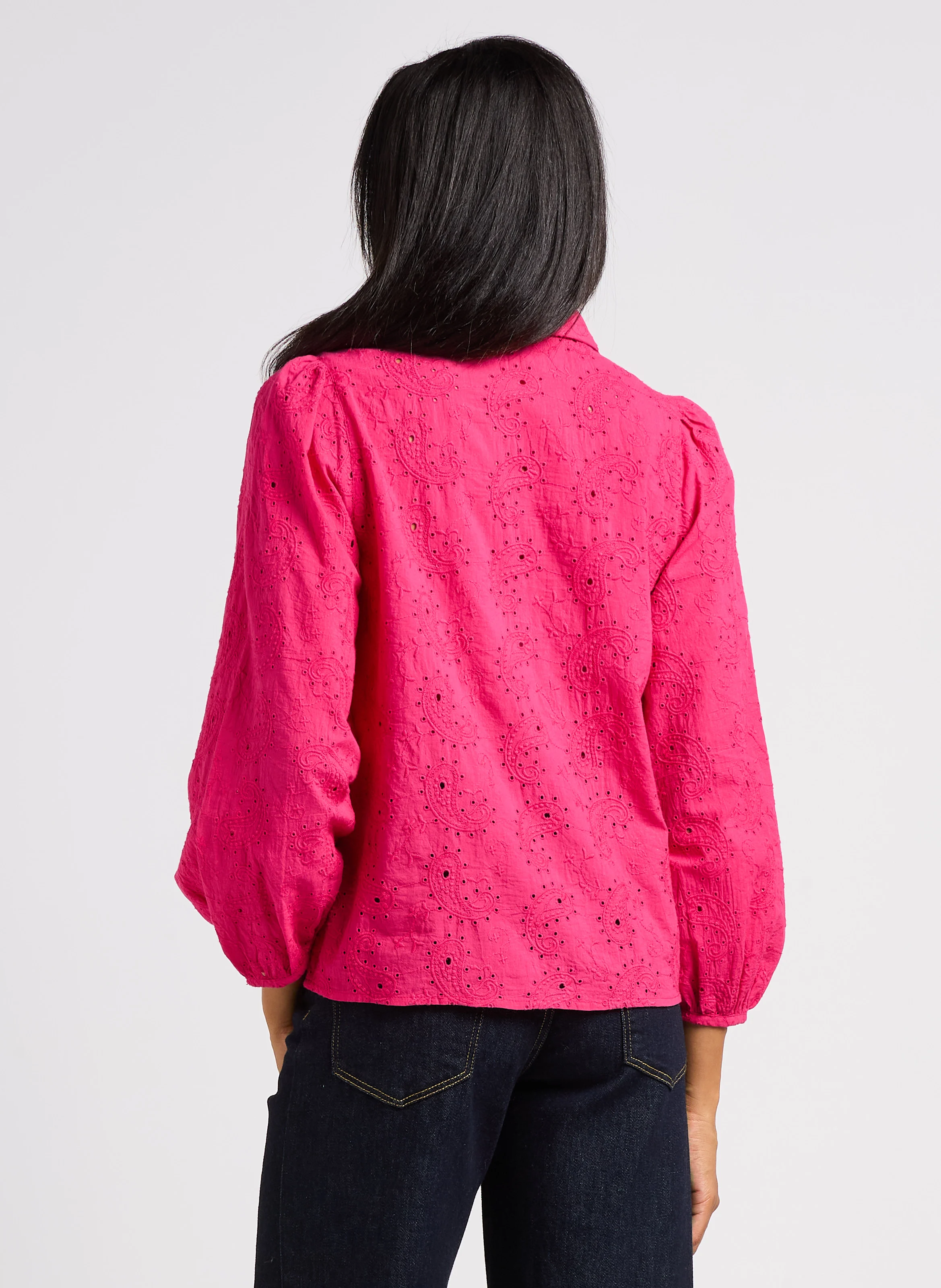 Chemise droite col claudine broderie anglaise en coton | Rose